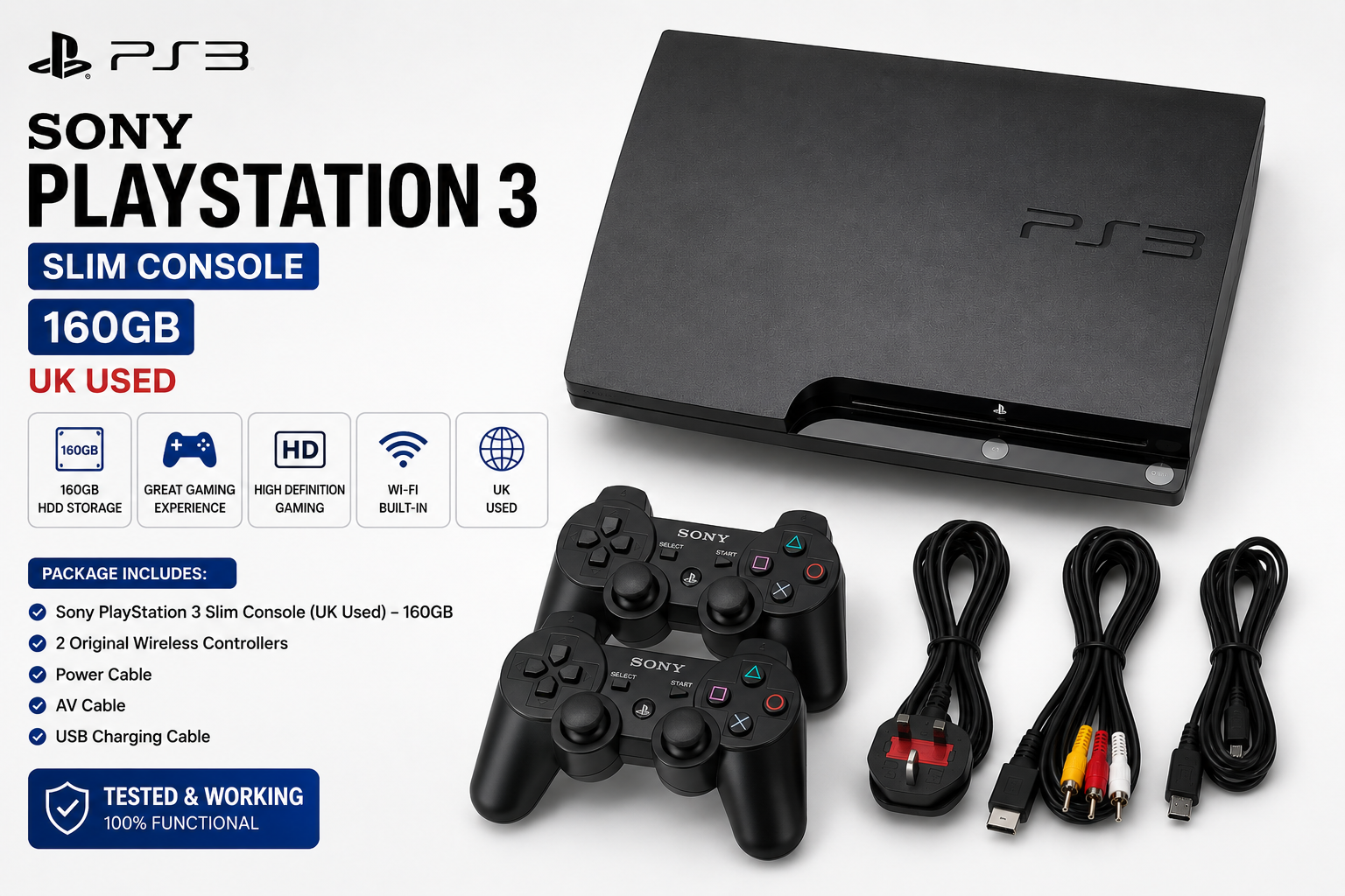 Sony PlayStation 3 (PS3) Slim Console – UK Used + 2 Original Wireless Controllers 160gb + 🎁 FREE GIFT