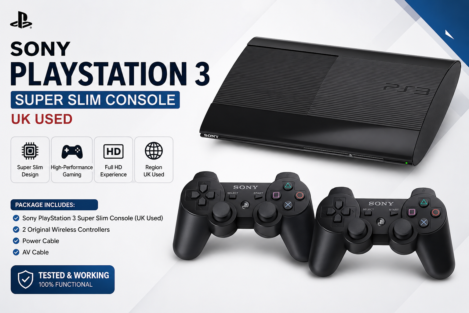 Sony PlayStation 3 (PS3) Super Slim Console – UK Used + 2 Original Wireless Controllers  500gb + 🎁 FREE GIFT