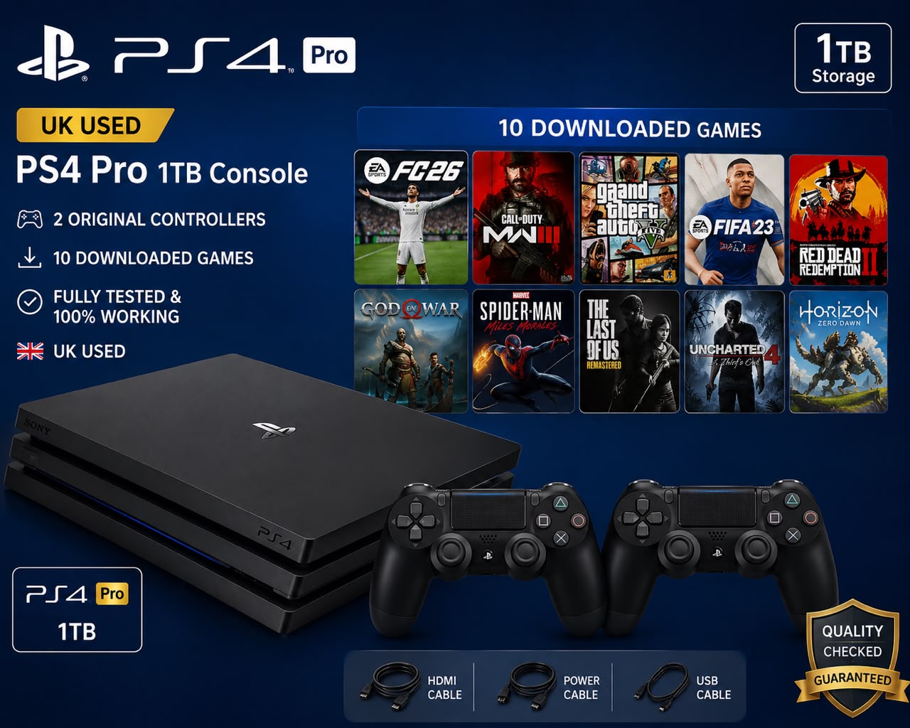 Sony PlayStation 4 (PS4) Pro 1TB Console – UK Used + 10 Downloaded Games + 2 Original Controllers + 🎁 FREE GIFT