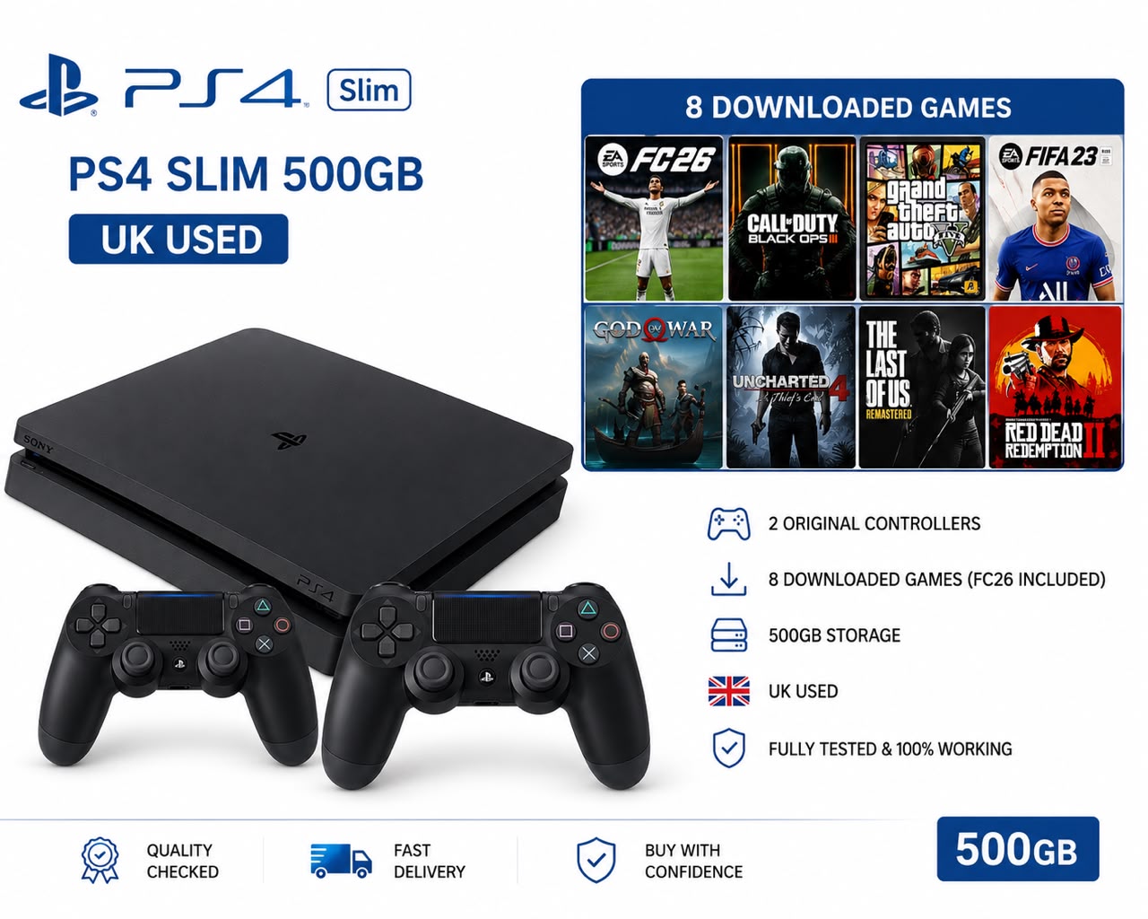 Sony PlayStation 4 (PS4) Slim Console – UK Used + 2 Original Controllers + 🎁 FREE GIFT